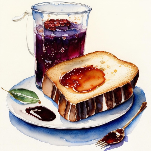 Akwarelowy obraz tost z dżemem i szklanką ciemnego płynu