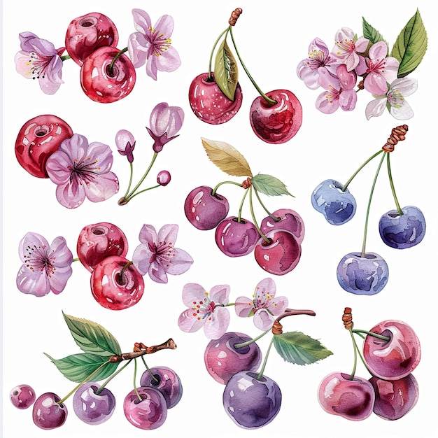 Zdjęcie akwarelowy pakiet owoców wiśni pojedyncze kwiaty i elementy w miękkich pastelowych odcieniach na białym tle