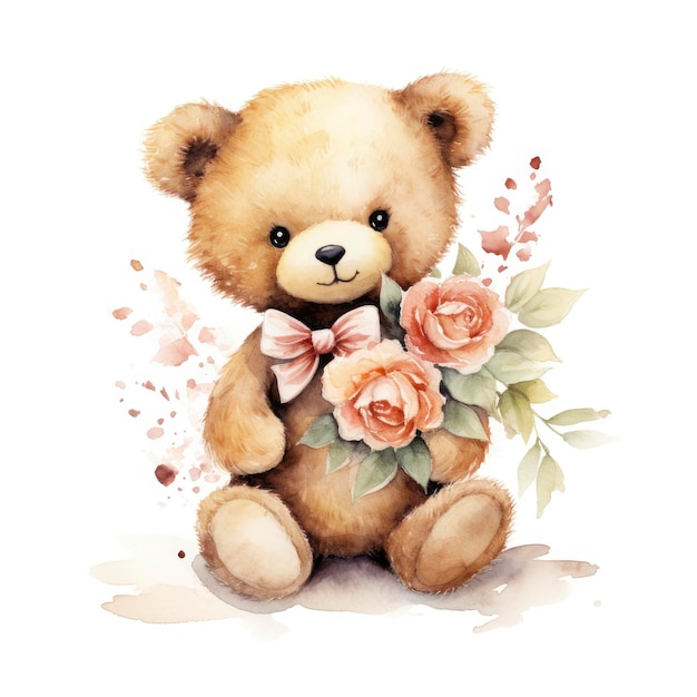 Akwarelowy pluszowy niedźwiedź trzymający kwiat Clipart
