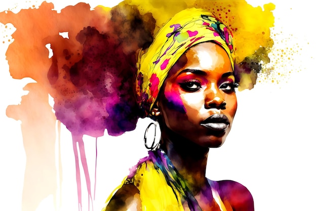 Akwarelowy portret afrykańskiej pięknej kobiety Wygenerowana sztuczna inteligencja sieci neuronowej