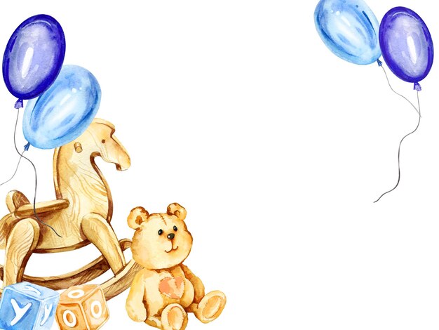 Zdjęcie akwarelowy ramka temat dziecka drewniany vintage koń kołyszący siedzący pluszowy niedźwiedź niebieskie balony powietrzne