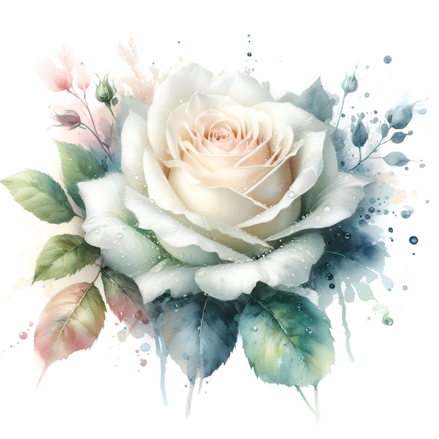 Akwarelowy rysunek białego kwiatu róży z kropelami rosy na białym tle