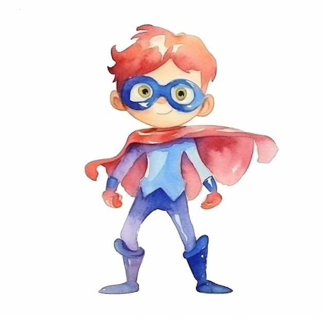 Akwarelowy rysunek chłopca w niebieskim kostiumie superbohatera.