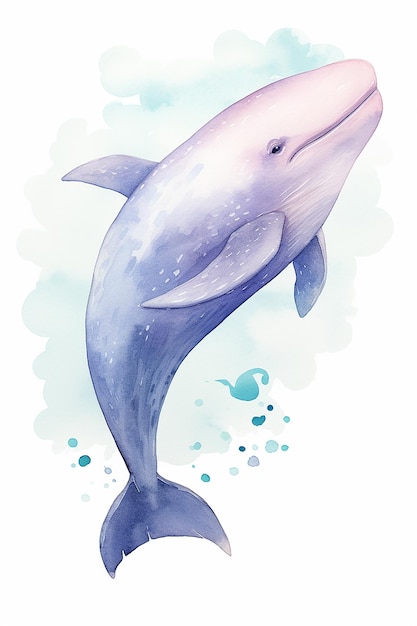 Akwarelowy rysunek delfina i pęcherzyków.