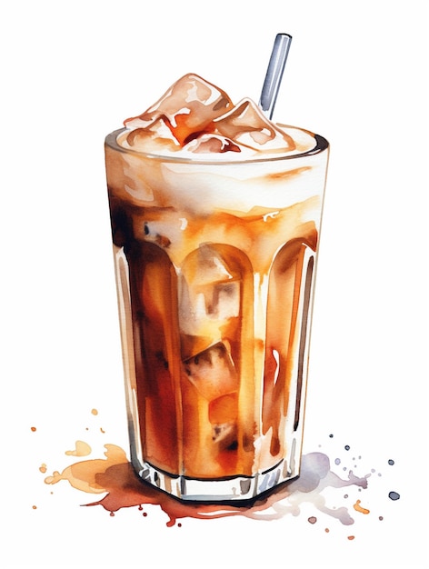 Akwarelowy rysunek napoju kawowego z metalową słomką.