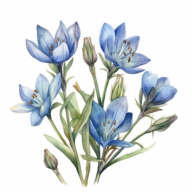 Akwarelowy rysunek niebieskich kwiatów z zielonymi liśćmi.
