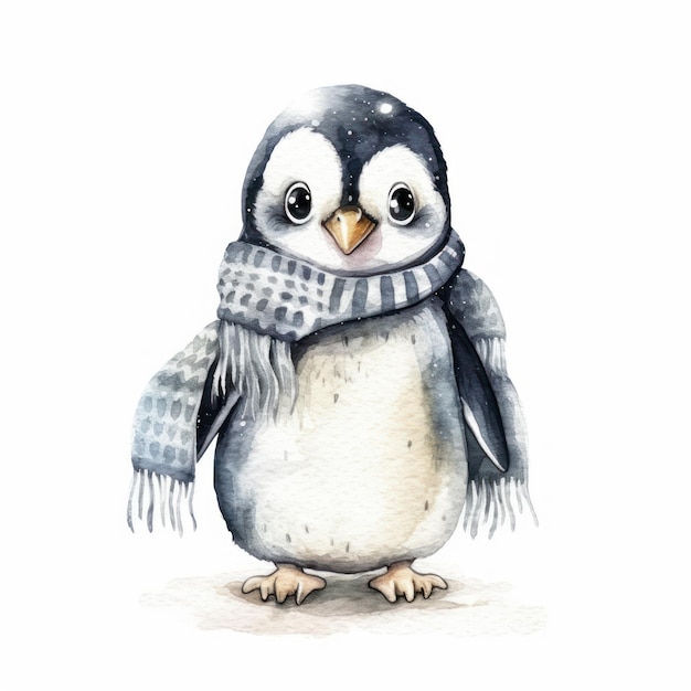 Akwarelowy rysunek pingwina w szaliku.