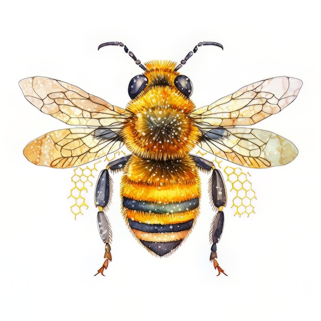 Akwarelowy rysunek pszczoły z żółto-czarnymi skrzydłami.