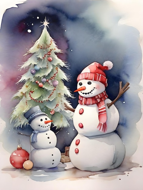 Akwarelowy śnieżak z choinką i prezentami
