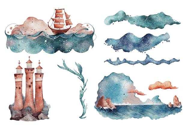 akwarelowy statek na oceanie z falami i chmurami różowa i niebieska ilustracja wyizolowana na białym