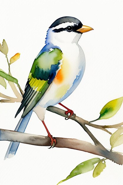 Akwarelowy Styl Atramentu Kolorowy Ptak Zwierzęca Tapeta Ilustracja Tła Stojąca Na Gałęzi