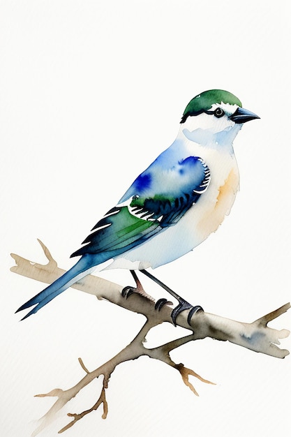 Akwarelowy styl atramentu kolorowy ptak zwierzęca tapeta ilustracja tła stojąca na gałęzi