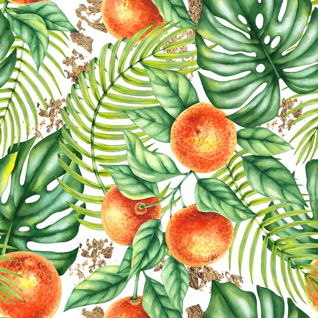Zdjęcie akwarelowy tropikalny wzór z mandarynami, liśćmi palmy, monstera i złotem
