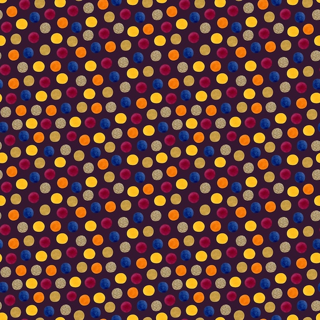 Akwarelowy wzór konfetti z kolorowymi kropkami na ciemnym brązie w niebiesko-fioletowych kolorach złota