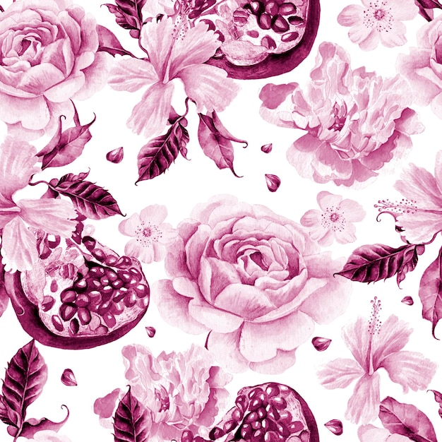 Akwarelowy wzór z granatami oraz kwiatami piwonii i hibiskusa