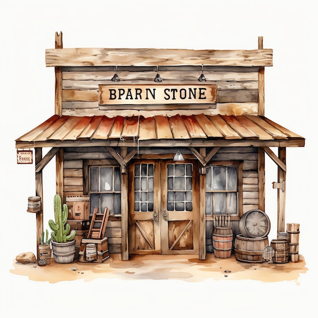 akwarelowy zachodni sklep z drewnianymi znakami zachodni dziki zachód kowboj pustynna ilustracja
