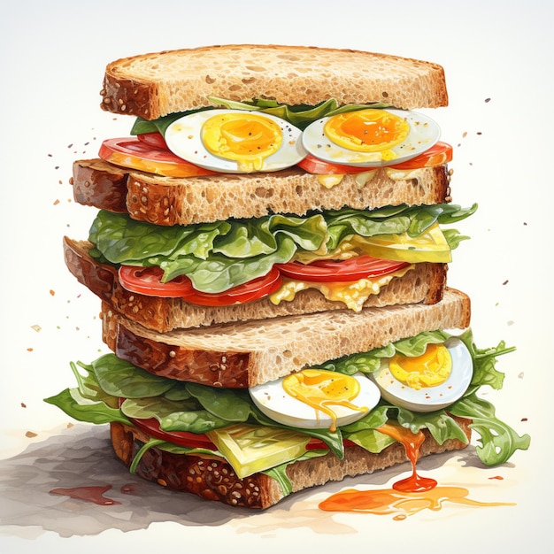 Akwarelowy zestaw kanapek z jajkami fast food najlepszy przepis zdjęcie Ai wygenerowane sztuka