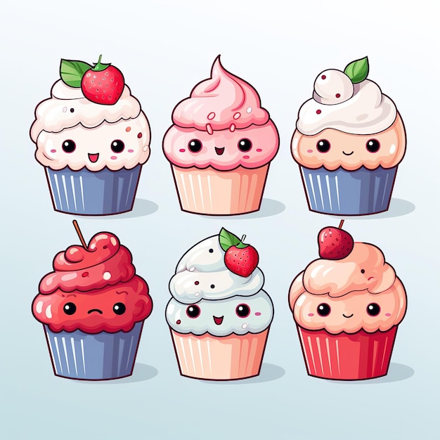 akwarelowy zestaw z białym tłem kawaii uroczy cupcake