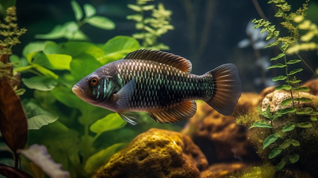 Akwarium Tilapia z roślinami i kamieniami