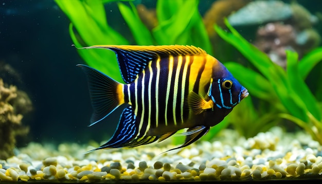 akwarium z niebiesko-żółtym paskiem ciała i żółto-czarną paską ryb w nim