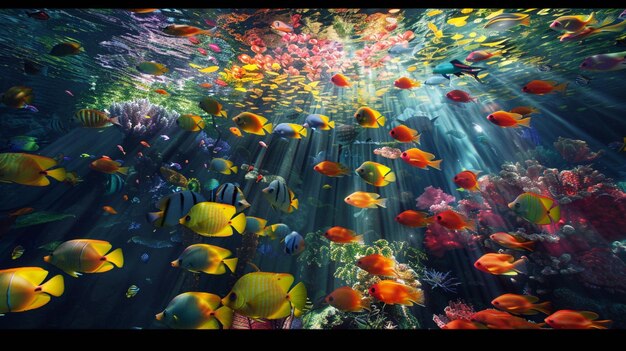 Zdjęcie akwarium z rybami w nim i rybami w wodzie