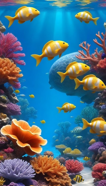 akwarium z żółtymi rybami i koralowcami