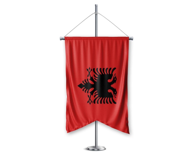 Zdjęcie albania_up 3d flagi na stojaku na słupie realistyczny zestaw i białe tło