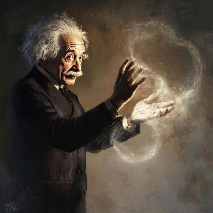 Zdjęcie albert einstein wyciąga ręce, jakby tworzył wir energii.