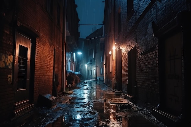 Aleja tylnej ulicy ze starymi domami miejskimi w deszczu w nocy Ai Pusta ciemna uliczka