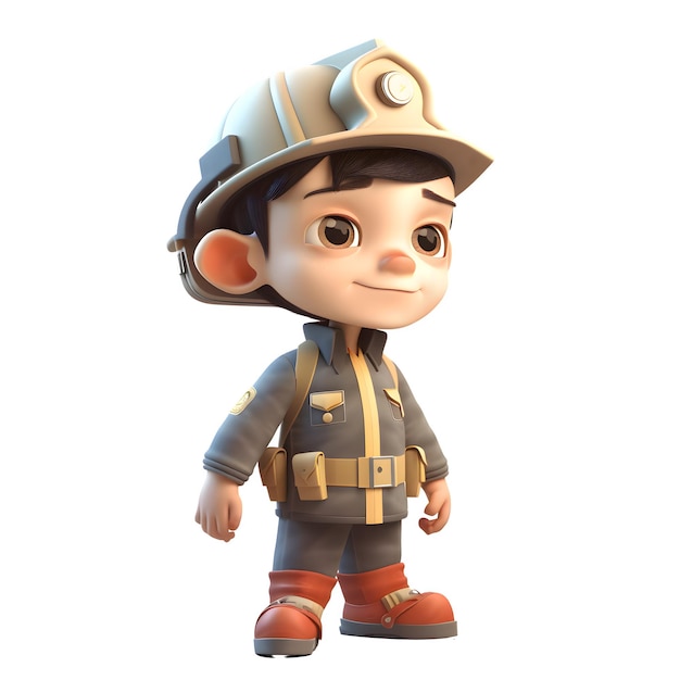 Alert 3D Firefighter Boy z Walkie Talkie Idealny do komunikacji awaryjnej lub koncepcji reagowania Pojedynczo na białym tle