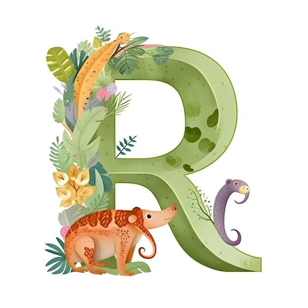Alfabet litera R z zwierzętami i roślinami Ilustracja kreskówka wektorowa