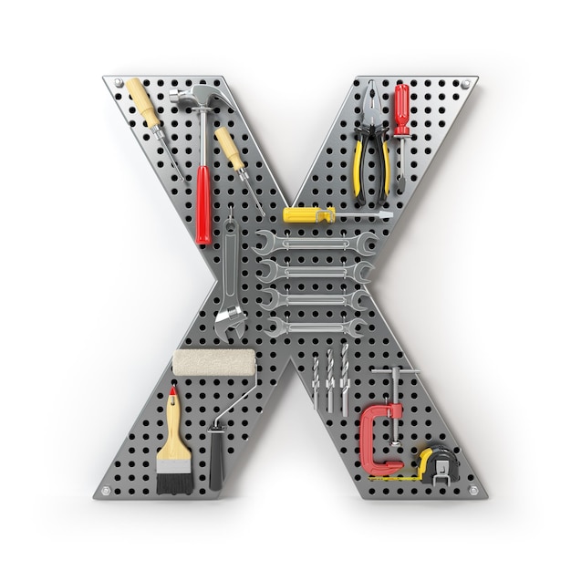 Zdjęcie alfabet litery x z narzędzi na metalowej tablicy narzędziowej izolowanej na białym