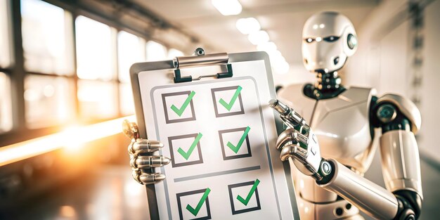Algorytm sztucznej inteligencji 3D i ikona listy kontrolnej jakości dla automatyzacji w zapewnieniu jakości na białym tle