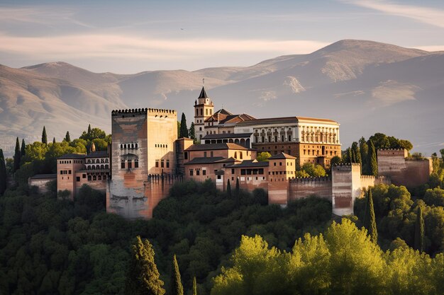 Alhambra w Granadzie Mauretańska architektura bujnych ogrodów i generatywne IA Sierra Nevada