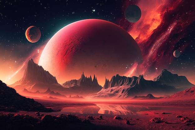 Alien Planet Fantasy Krajobraz z czerwonym niebem i gwiazdami AI Generation