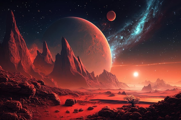 Alien Planet Fantasy Krajobraz z czerwonym niebem i gwiazdami AI Generation