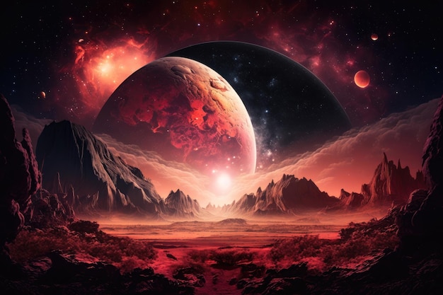 Alien Planet Fantasy Krajobraz z czerwonym niebem i gwiazdami AI Generation