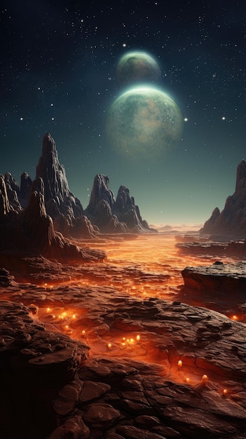 Alien Planet landscape desktop background wallpaper Rocky Terrain Auroras Flora i Kometa