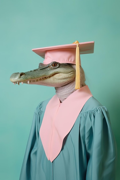 Aligator w czapce dyplomowej i sukni Realistyczny portret krokodyla Generacyjna sztuczna inteligencja