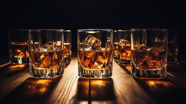 Alkoholu pić whisky lub bourbon z kostkami lodu na ciemnym drewnianym stole blisko