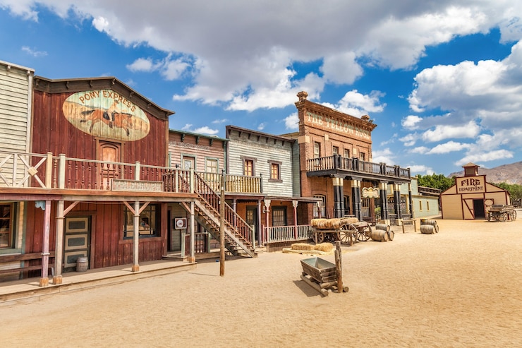 Zdjęcie almeria, hiszpania - około sierpień 2020: vintage far west town z salonem. stara drewniana architektura na dzikim zachodzie na tle błękitnego nieba.