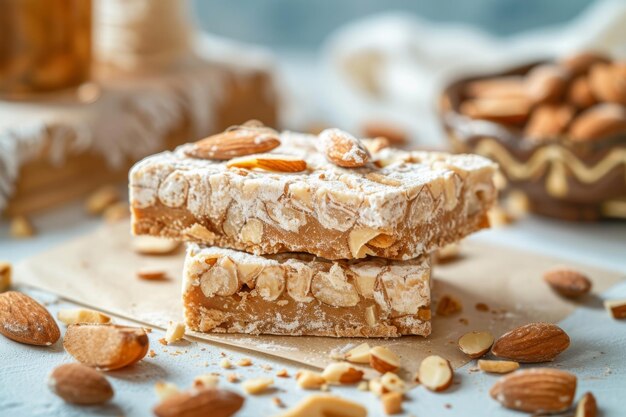 Almond i miód turron Nougat z orzechami Tradycyjny hiszpański deser z migdałami.