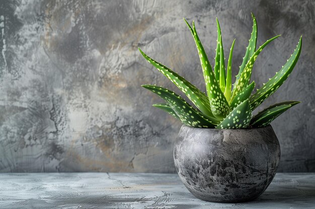 Aloe vera soczyste w okrągłym ceramicznym garnku na szarym tle betonowym