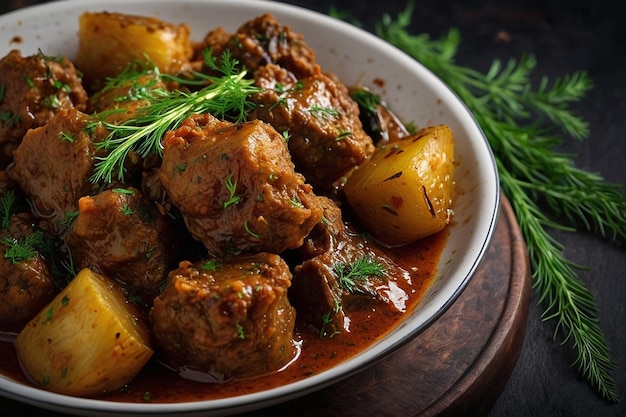 Zdjęcie aloo gosht ozdobiony chrupiącymi smażonymi liśćmi dill