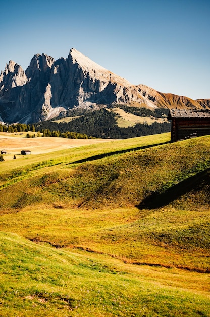 Alpe di Siusi Seiser Alm Langkofel krajobraz grupy górskiej alpejskiej czerwonej jesieni Alpe di Siusi piesze wędrówki krajobrazy przyrody w dolomitach drewniane domki w Dolomitach Trentino Alto Adige