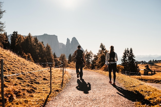 Alpe di Siusi Seiser Alm Langkofel krajobraz grupy górskiej alpejskiej czerwonej jesieni Alpe di Siusi piesze wędrówki krajobrazy przyrody w dolomitach drewniane domki w Dolomitach Trentino Alto Adige