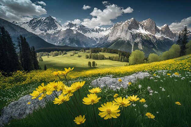 Alpejska łąka kwiatowa wiosną z żółtymi zielonymi tonami, stworzona za pomocą generatywnej sztucznej inteligencji