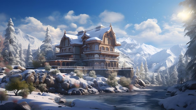 Zdjęcie alpejski krajobraz z piękną chatą