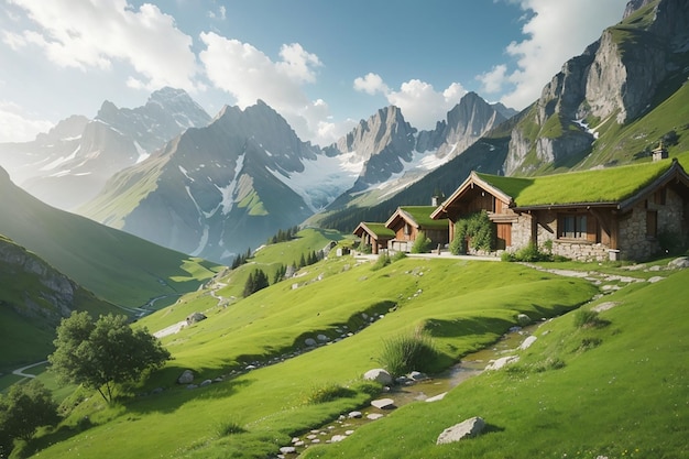 Alpejskie kamienne chaty w wspaniałym zielonym krajobrazie