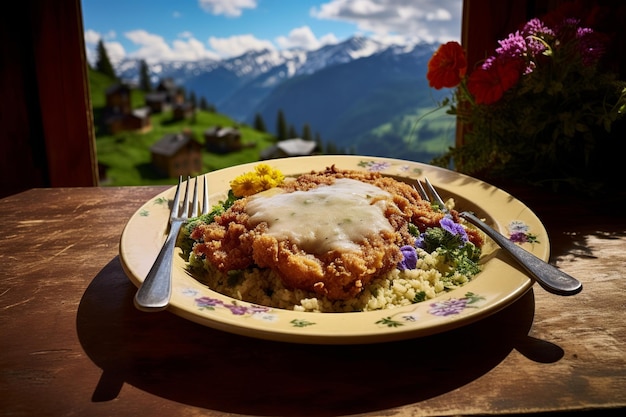Alpejskie rozkosze Wiener Schnitzel na vintage talerzu